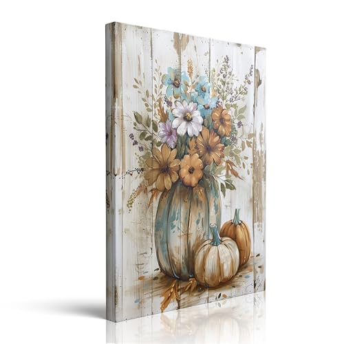 Canvas Wall Art Framed Vintage Wildflower Pumpkin Bouquet Country Cottage Wall Decor Neutral Blue Orange Prints Posters Painting Artwork for Bedroom Entryway Office Thanksgiving Hallway 16x24 Inches