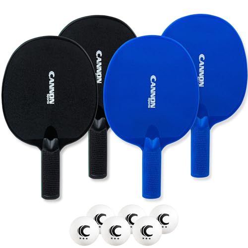 Cannon Sports Unbreakable Table Tennis Paddle Set - 4 Rackets with 6 Pack of 3-Star Table Tennis Balls – Portable Set for 4 Players (2 Black + 2 Blue Paddles + 6 White Balls)