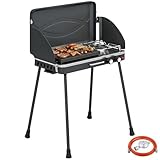 Outsunny Tragbarer Gasgrill 2 Brenner 7 kW 2-in-1 Tischgrill mit Braten klappbar Beine Grillrost Windschutz Deckel Verschluss Antihaftbeschichtung, Campinggrill Outdoor Tischgasgrill für BBQ Camping