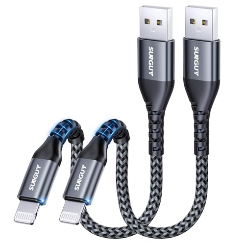 SUNGUY Short USB-A to Light-ning Cable 0.15m 2Pack, [MFi Certified] USB to Light-ning Cable iPhone Charger Cord Nylon Braided Compatible with iPhone 14/13/12/11 Pro Max Mini X XS XR 8 Plus SE/SE2