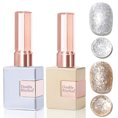 Double Rhythm 2 Pcs 0.50 OZ Glitter Gel Polish Hema Free Same Color Same Bottle Shimmer 15 ML UV Polish Art Salon DIY at Home (Gold Silver-B1117+B1125)