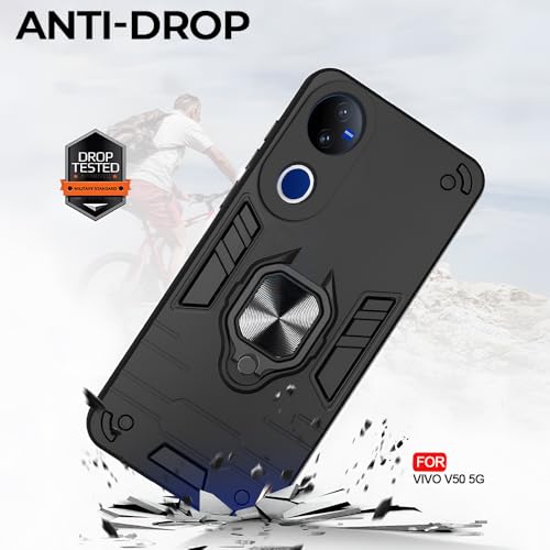 Image of AESTMO Vivo V50 5G / V50e 5G / Vivo T4R / iQOO Z10R 5G Back Case Cover | Tough Armor Bumper | Ring Holder & Kickstand in-Built | 360 Degree Protection Cover (Black)