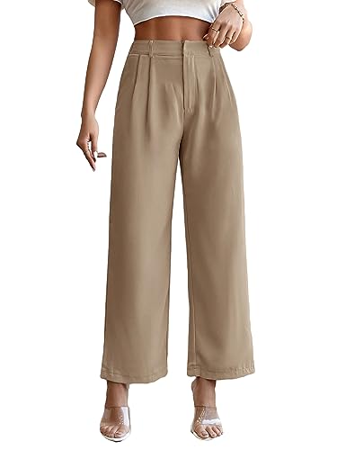 SweatyRocks Women's High Elastic Waist Zip Up Pleated Pants Casual Straight Leg Solid Dress Pants