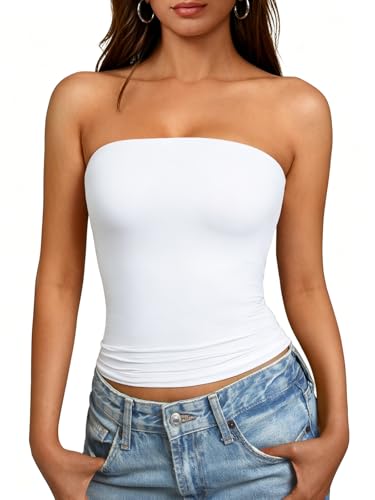 GKBK Womens Tube Top Double Lined Strapless Crop Top a Sexy Y2K Going Out and Casual Tops for Spring and Summer a Cute Basic Sleeveless Tank Shirts for 2026 White-M