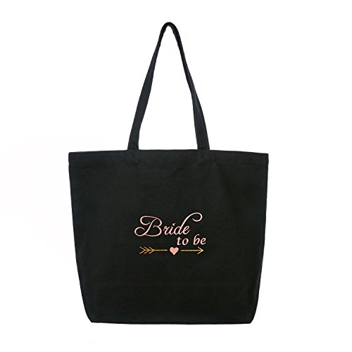 ElegantPark Bridal Shower Gifts for Bride Bag cotton Bride to Be Gifts Wedding Gifts for Bride Tote Bag with Pocket Canvas Shoulder Bag Black with Pink Embroidery
