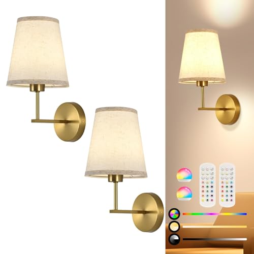 Image of Battery Operated Wall Sconces Set of Two, Dimmable Rechargeable Battery Wall Light with RGB Bulb, Rechargeable Wall Mounted Sconce Lamp with Remote Control for Bedroom, Living Room, Entryway, Gold