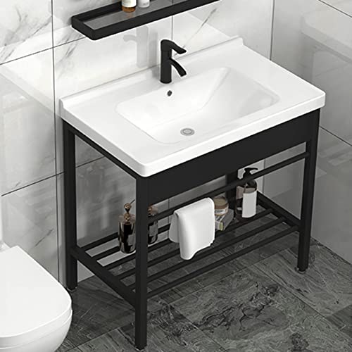 Lavabo rectangular de cerámica para baños modernos con estante organizador inferior 2