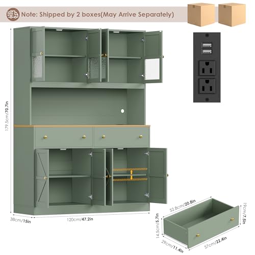 Image of FINETONES 71 inch Pantry Cabinet with LED Light and Charging Station, Farmhouse Kitchen Pantry Cabinet with Microwave Stand, 47.2 inch Wide Kitchen Hutch Food Pantry with Open Countertop, Green