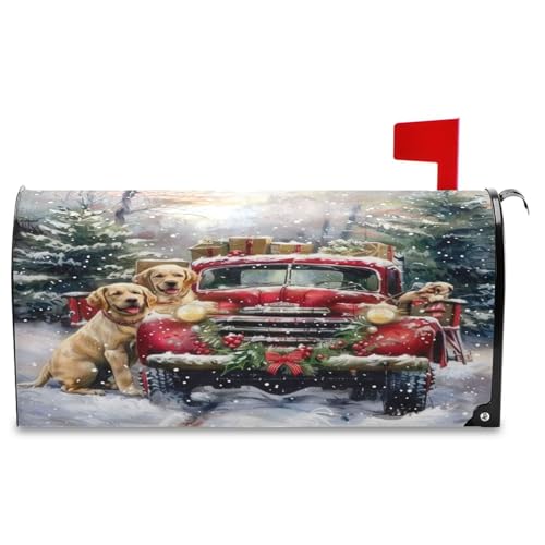 Christmas Red Truck Golden Retriever Dog Magnetic Mailbox Cover Standard 21 X 18 in Winter Snowflake Xmas Tree Snowman Mail Box Covers Decals Wraps Post Box Outdoor Decorations