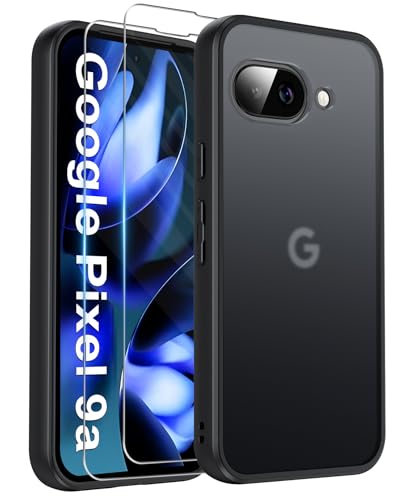 FLLAO Matt Handyhülle für Google Pixel 9a Hülle und 2 Schutzfolie mit Kameraschutz [Militärnorm Schutz] urchscheinende PC Rückseite TPU Bumper Hülle für Google Pixel 9a- Schwarz