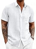 Runcati Mens Linen Button Down Shirts Casual Short Sleeve Shirt Summer Beach Wedding Tops with Pocket White