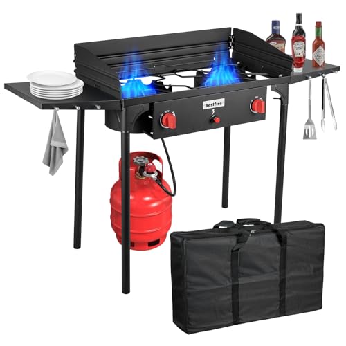 Comparison: Best Stove 2 Burner 8 Bestfire 2 Burner Camping Stove with Windpanel& Side Shelves, Bag, Auto Ignition Button,Regulator,150,000 BTU Camping Stove Propane Burner With Removable Legs for Outdoor BBQ&Backyard