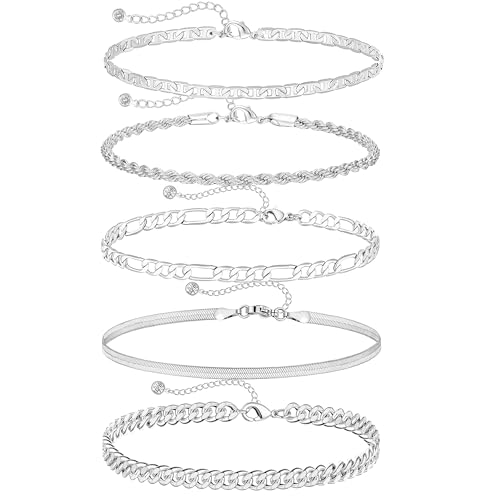 DEARMAY Silver Ankle Bracelets for Women Waterproof S925 Sterling Silver Anklets for Women Trendy Jewelry Layered Cuban Link Chain Herringbone Cute Anklets Summer Beach Fashion Gift Teen -  D-TAK-Silver-05
