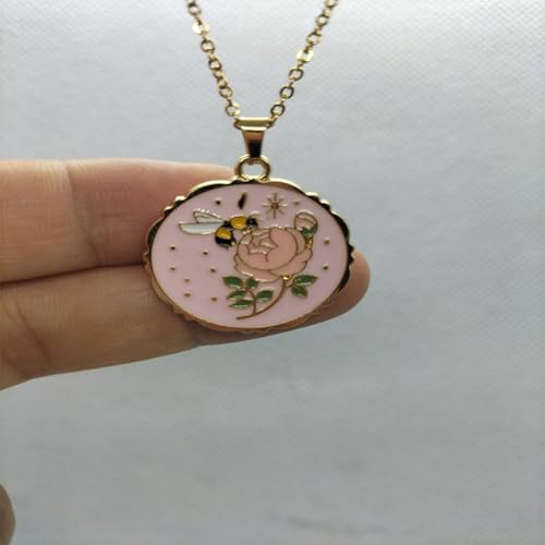 Collier chaîne acier avec pendentif disque fleur émail abeille - 2