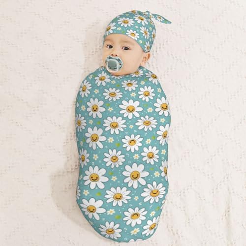 Image of Kawaii Happy Daisies Pattern Newborn Swaddle Blankets Hat Sets Soft Baby Receiving Blanket Swaddle Sack for Baby Shower Infant Boy Girl Gift