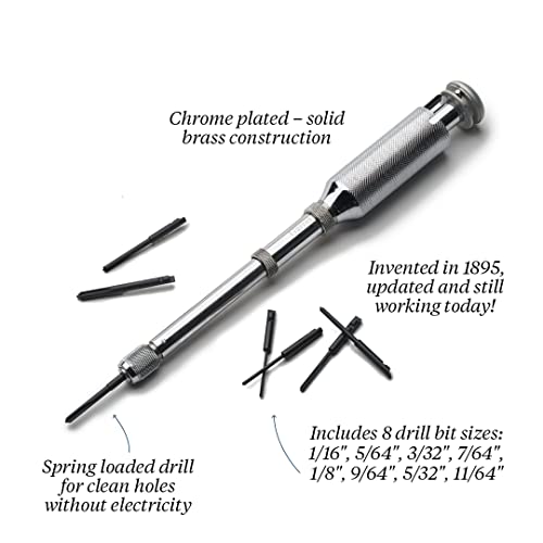 Kings County Tools Classic Yankee Style Push Drill | 8 Double Fluted Bits Included | Chrome Plated Solid Brass Material | No Chuck Necessary | Ideal For Tight Areas #TOP2
