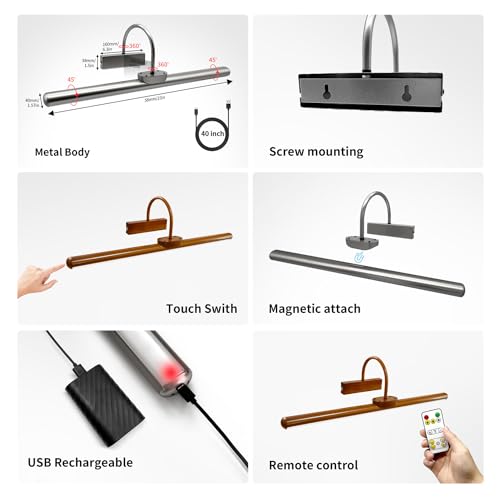 Image of 23 inch Wireless Picture Lights, Rechargeable Battery Art Display Light with Remote Control, Dimmable /Timer Off Dartboard Light, 3 Lighting Modes Full Metal Painting Display Lamp (Woodgrain-1Pack)