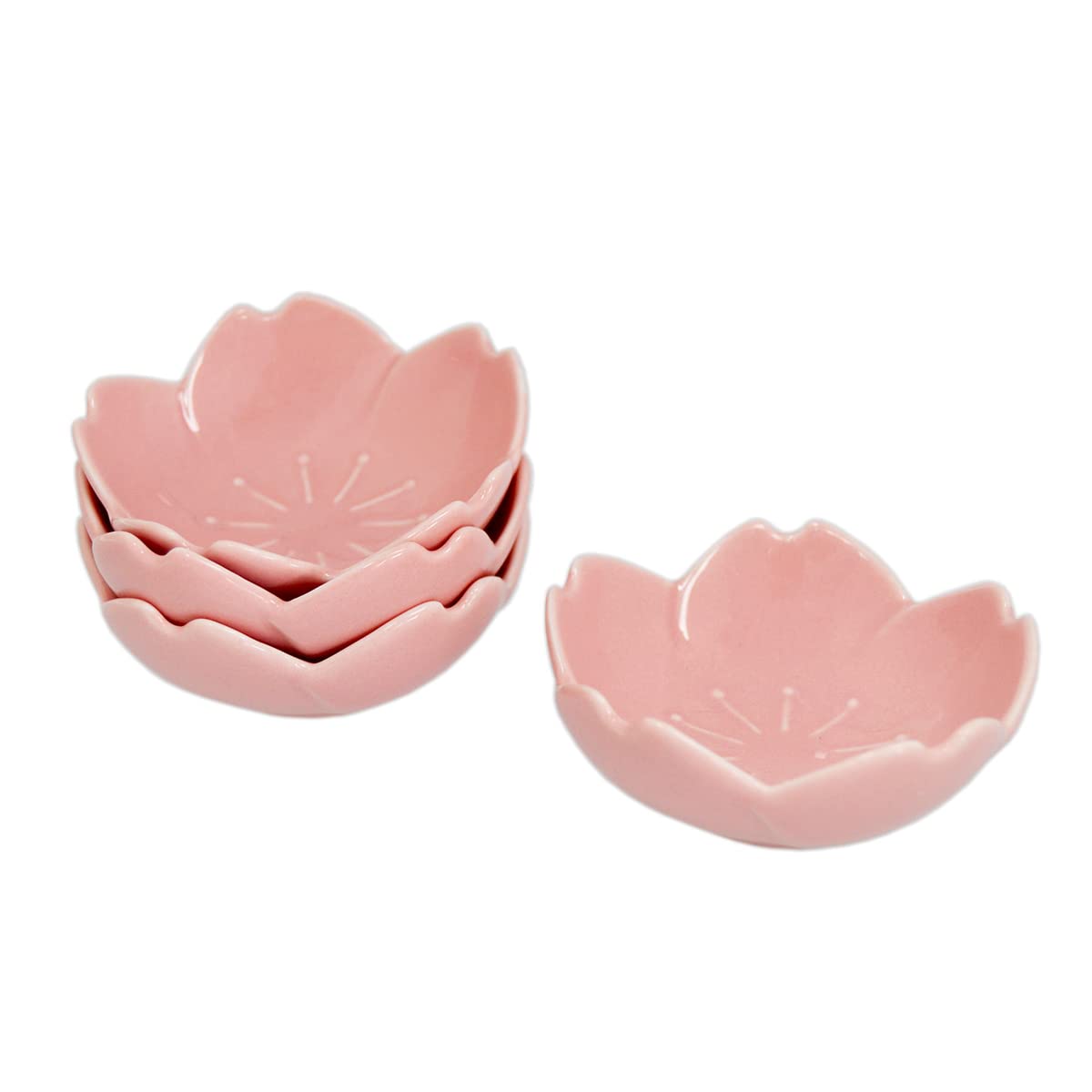 WAIT FLY Beautiful 3 Inches Sakura Shaped Ceramics Seasoning Dishes/Tea Bag Holders/Ketchup Saucer/Appetizer Plates/Vinegar Spice Salad Soy Sushi Wasabi Seasoning Dipping Bowls, White/ Pink, Set of 4 - Pink