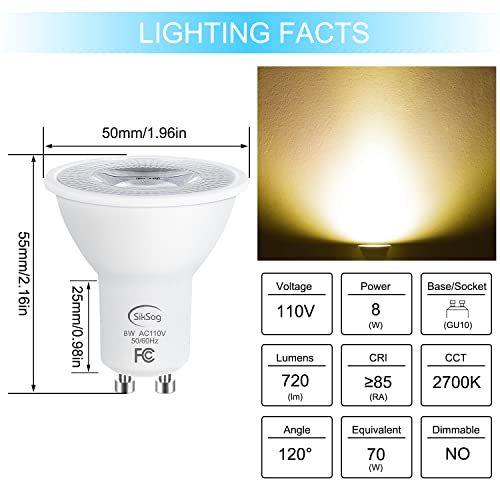 SikSog GU10 LED Bulbs 2700K Warm White, 8W Equivalent 70W Halogen, 720lm, Non Dimmable Spotlight, 120° Beam Angle, CIR≥85, ETL Listed LED Light Bulbs for Recessed Track Lighting, Pack of 10 by SikSog - Image 2