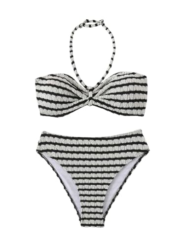 SOLY HUX Girl's Striped Swimsuits Textured Knit Halter Bikinis Summer Vacation Bathing Suits