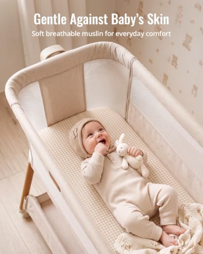 Image of Blissful Diary Muslin Bassinet Sheet, 2 Pack, Beige Gingham & Brown Gingham | fitted for bassinet mattress, soft and breathable cotton, boho style, easy care for machine wash, gift for boy and girl