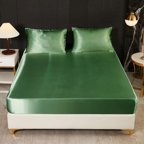 Freyamy Spannbettlaken 200x200cm Grün Satin Luxus Spannbetttuch Unifarben Seide Glänzend Spannbetttücher Uni Seidig Glatt Sommer Spannleintuch Bettlaken für bis 25-35cm Matraze Spannbetttücher