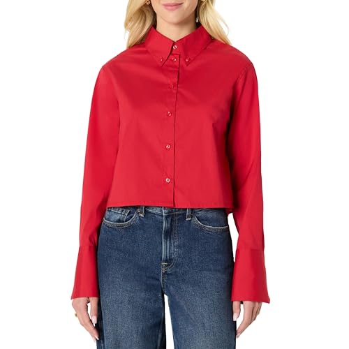 Amazon Essentials Women's Oversized-Fit Cropped Cotton Stretch Poplin Button-Down Shirt, Red, X-Large