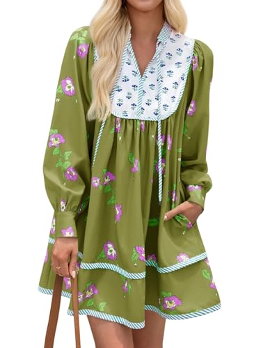 Image of Wenrine Womens Casual Floral Mini Dress Fall Long Sleeve V Neck Patchwork Loose Boho Shirt Dresses