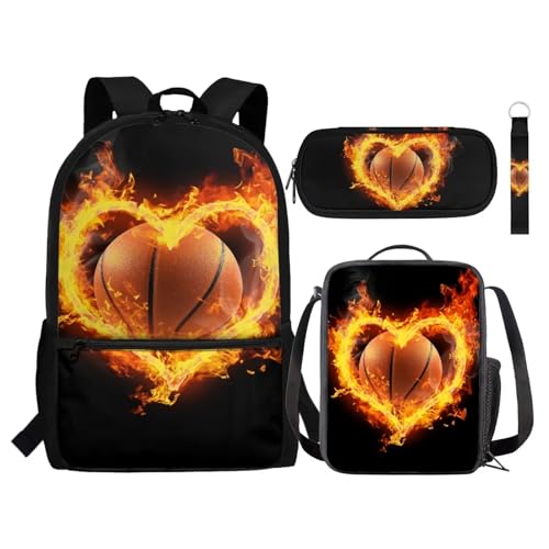 Set zaino per bambini con portapranzo portapenne portachiavi 4 in 1 regalo per ragazze ragazzi adolescenti Basket Love Fire Taglia unica Zaini Daypack