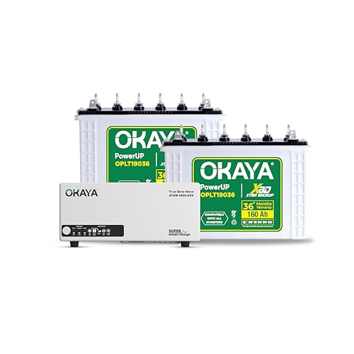 Image of Okaya Inverter with Two Battery Combo for Home,Office & Shops | ATSW 1900 24V Pure Sine Wave Inverter 1650VA with 36 Months Warranty & OPLT19036 160Ah Battery with 36 Months Warranty