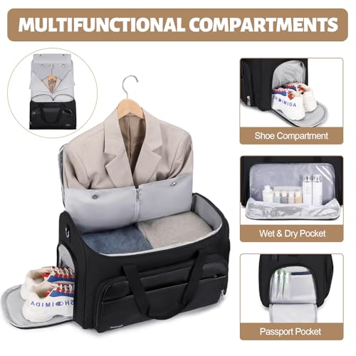 Garment Duffle Bags for Travel, Convertible Garment Bag for Men Women, Carry On Duffle Bag Backpack with Shoe Compartment & Toiletry Bag, 4 in 1 Hanging Suitcase Suit Travel Bags (Black)3
