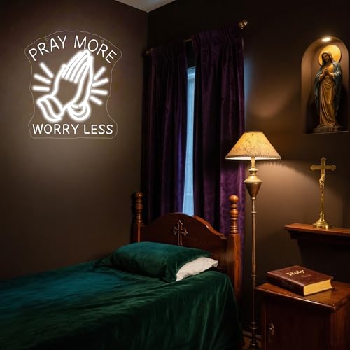 Image of Pray More Worry Less Neon Sign for Wall Decor Dimmable Praying Hands LED Neon Light Christian Decor for Prayer Room Home Church God Jesus Inspirational Religious Wall Art Gifts Size 12.4*11in(GLNP216)
