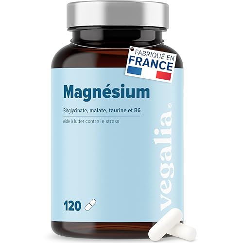 VEGALIA Magnésium Bisglycinate Malate + Taurine & Vitamine B6, 120 gélules, Haute Teneur 360mg Bisglycinate, Fatigue & Stress, Mieux Absorbé que le Magnesium Marin, Flacon en Verre, Fabriqué en France