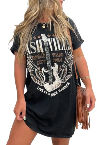 ZhiHiMeRi Women's Black Nashville Guitar Print Crew Neck T-Shirt Mini Dress,(US 16-18) XL,Black