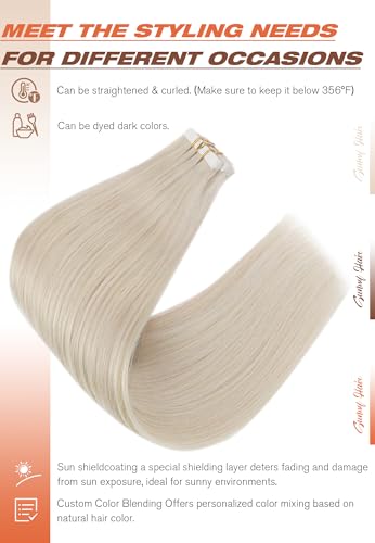 Sunny Hair Tape in Hair Extensions Real Human Hair Invisible Remy Hair Extensions Tape ins for Women White Platinum Blonde 24 inch 20Pcs 50G