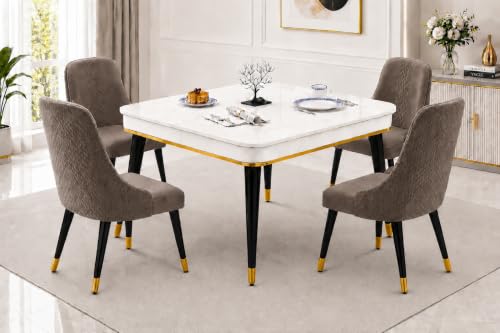 Image of WOODEN SPACE 4 Seater Wooden Dining Table Set | Urban Marble Top Dining Table with Chairs for Dining Room & Kitchen (Modern Vento Brown) (42 x 42 x 30 inch)