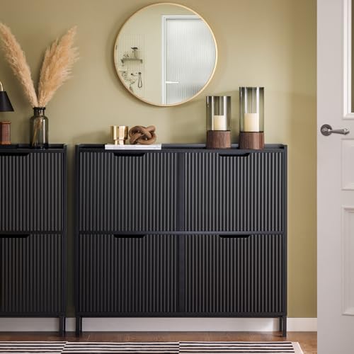 SoBuy Narrow Shoe Rack with 4 Flip Drawers Slim Wooden Shoe Storage Cupboard for Hallway Entrance Foyer or Understairs Black W100 x D19 x H91cm FSR177-L-SCH