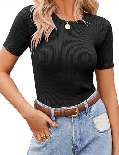 Image of Zeagoo Women's Short Sleeve Basic Slim Fit Tops Crewneck Ribbed Knit T Shirt Cute Summer Outfits