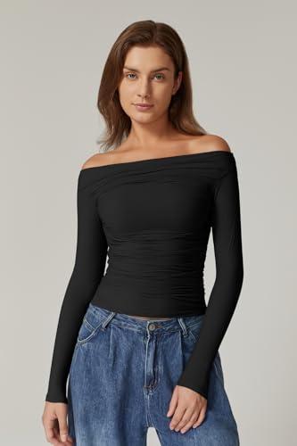 QINSEN Womens Off Shoulder Long Sleeve Tops Ruched Going Out Crop Slim Fitted Double Lined Shirts2
