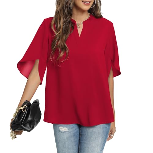 Funlingo Women's Summer Tops Short Sleeve Casual Shirts V Neck Chiffon Dressy Blouse Tops2