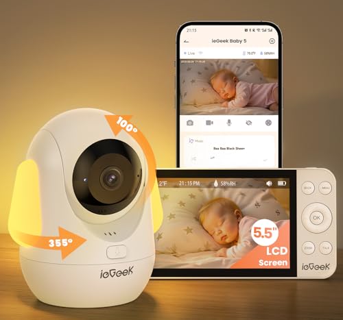 ieGeek 2.5K 2.4/5Ghz WiFi Baby Monitor and 5.5'' Screen, App Control or No WiFi Screen Control, Adjustable Night Light, 360° PTZ, Face Covering/Prone Sleeping/Cry/Motion Detection, 4000mAh Battery