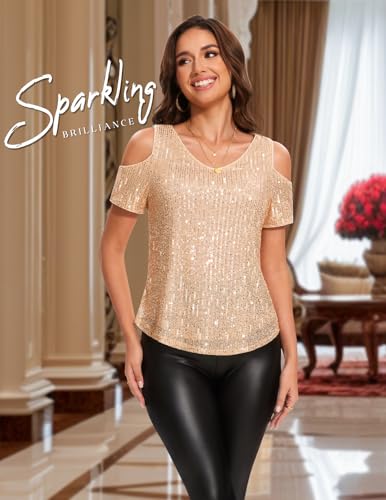 DRESSTELLS Sequin Tops for Women Sparkly Glitter Shirts Cold Shoulder V Neck Blouses Party Tanks Club Concert Fall Blouses3