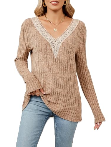 Famulily Ladies Casual Jumpers Long Sleeves, Oversized Lightweight V Neck Sweatshirt Knit Pullover Tops (XXL, Camel)