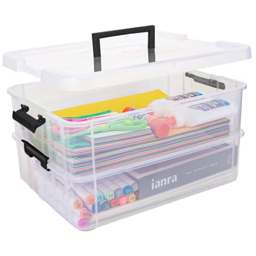 2 Layer Plastic Storage Containers with Lids, Multipurpose Clear Stack & Carry Box, Portable Craft Organizers and Storage Bin for Organizing Art & Craft, Sewing, Makeup, Nail Supplies (Black)