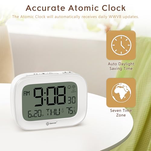 Image of Geevon Small Digital Atomic Alarm Clock for Bedroom, Portable Battery Operated Travel Desk Clock for Heavy Sleepers, with 10s Backlight, Temperature, 3 Inch Display, White