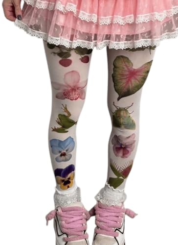 TYATVS Patterned Funky Tights Whimsy Twee Stockings Y2k Colorful Tights 2000s Fairy Grunge Whimsical Accessories (white-1)