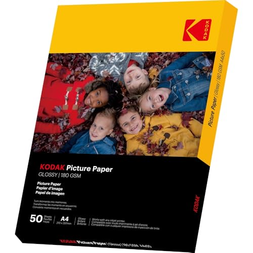 KODAK Picture Paper - Papier Photo Brillant, Pack de 50 Feuilles, Format A4 (21x29,7cm), 180g/m², Idéal pour Impressions Jet d'Encre, Couleurs Éclatantes et Contraste Élevé, Finition Haute Qualité