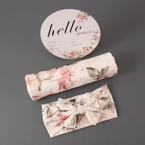 Galabloomer Newborn Receiving Blanket Headband Set Flower Print Baby Swaddle Blankets (Vintage) - Thumbnail 2