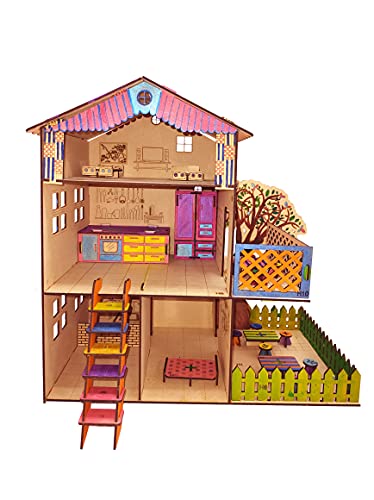 Image of Big Size Doll House and Furniture Making Kit. Painting Kit. 18 Inch Height and 18 Inch Width. Premium Pine Wood 3D Puzzle. No Hammer, Glue Required.