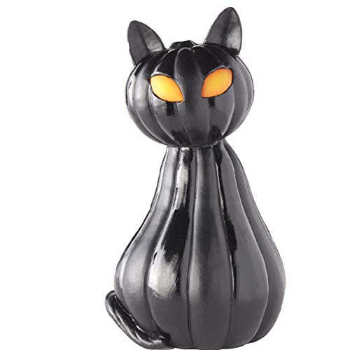 Ceramic Cat Head on Pumpkin Body with Lighted Eyes in Standing Position Figure